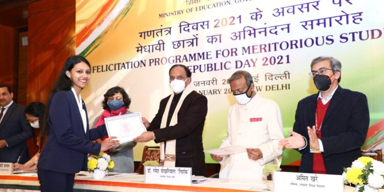 Education Minister felicitates meritorious students on Republic day